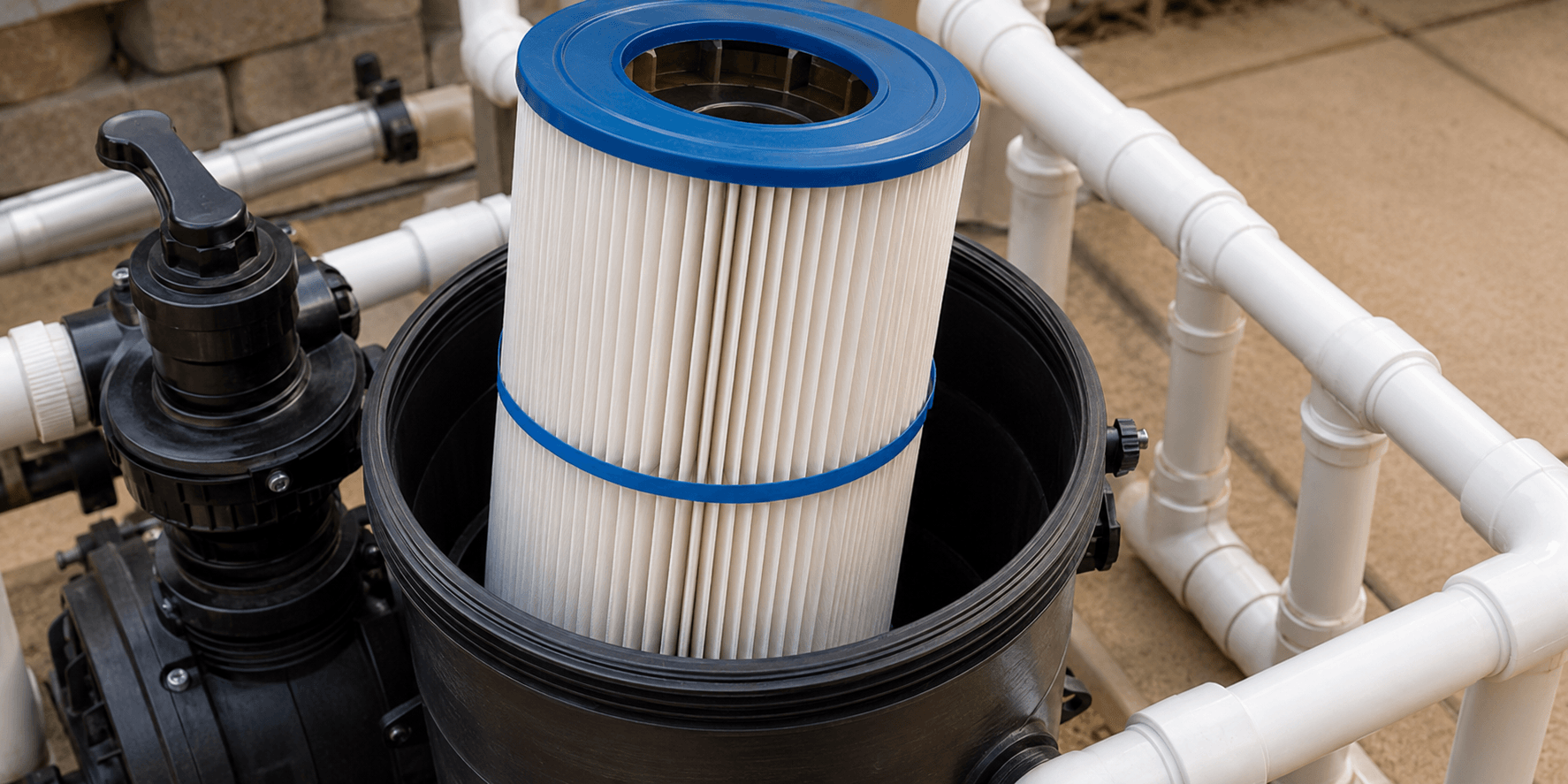 Open residential cartridge pool filter showing the removable filter element