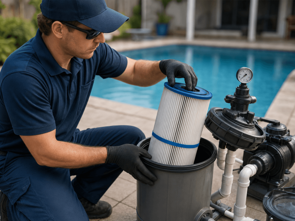 Pool technician removing a cartridge during the filter cleaning process