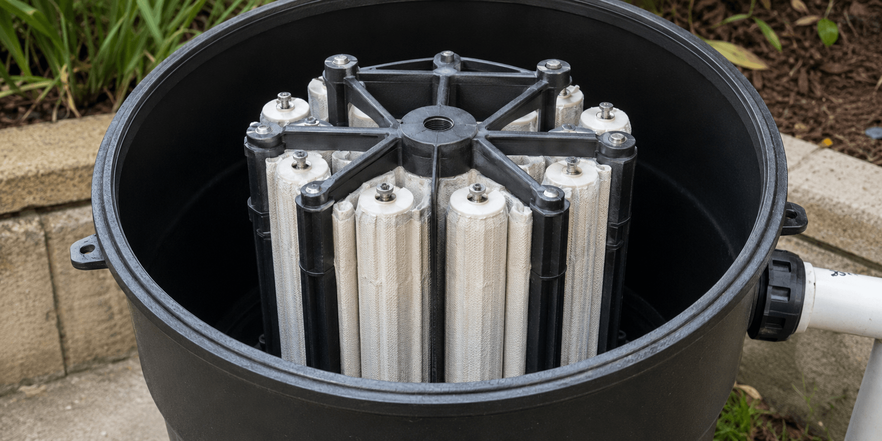 Open residential DE pool filter showing the internal filter grids