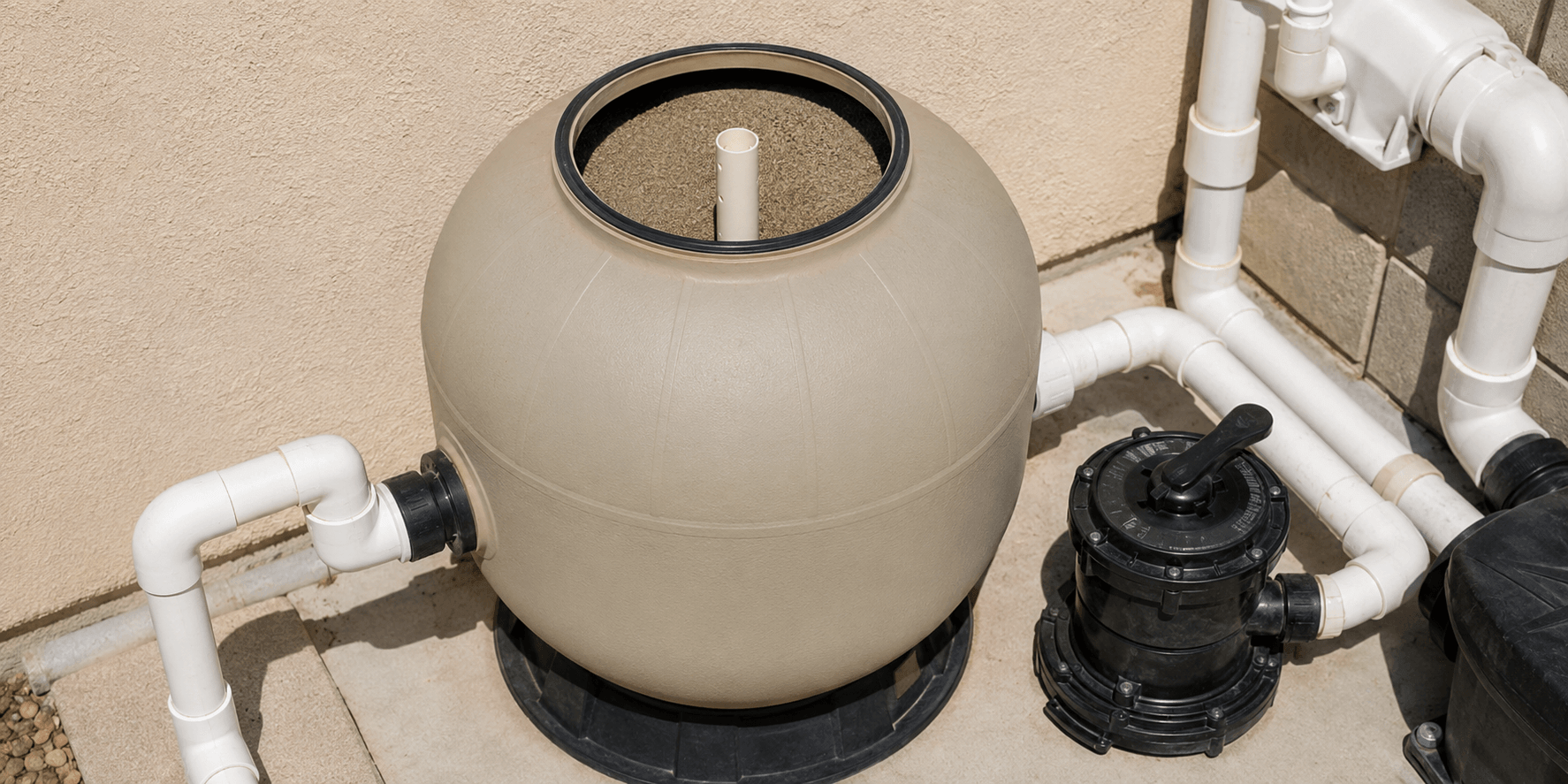 Open residential sand pool filter showing the internal sand bed
